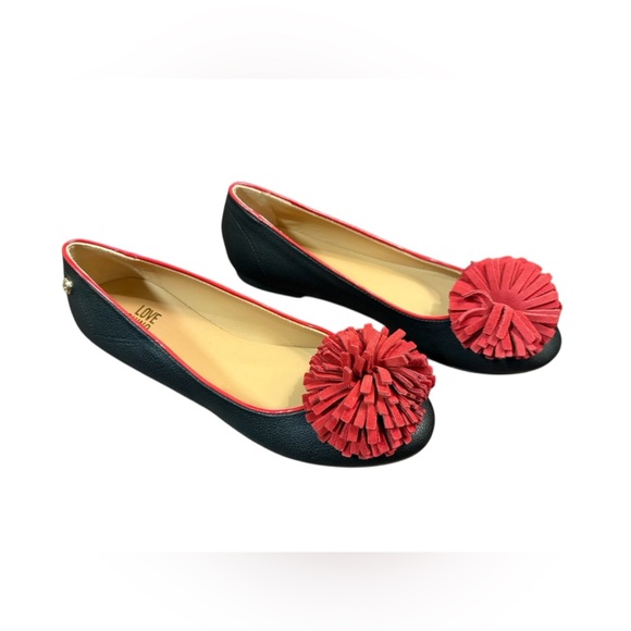 Love Moschino Red Puff Pom Pom Black Leather Flats Size 38/ US 8 - Picture 7 of 10